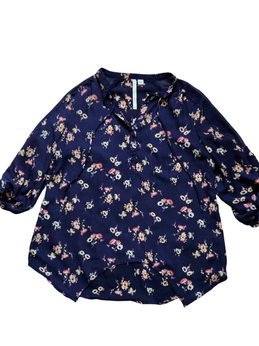 Lauren Conrad Navy Floral Peasant Blouse Women's XS 3/4 Sleeve Loose Fit Top